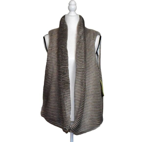 Multiples Faux Fur Striped Drapey Open Front Vest Brown Taupe Gray Cream… - Picture 1 of 12
